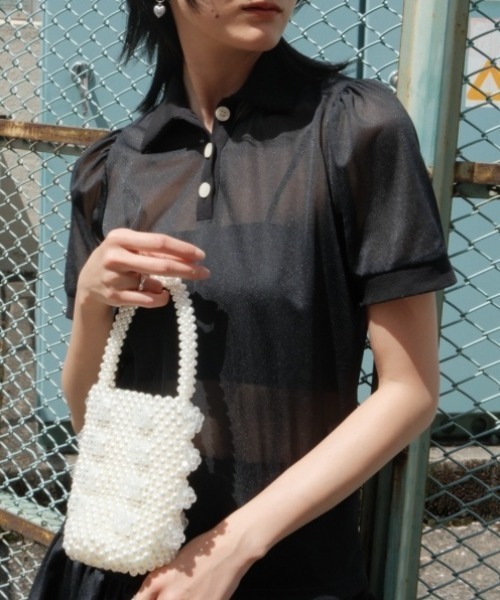 HONEY MI HONEY（ハニーミーハニー）の「sheer chiffon polo tops（シャツ/ブラウス・レディース・ピンクベージュ/ブラック・FREE）」の14枚目の写真