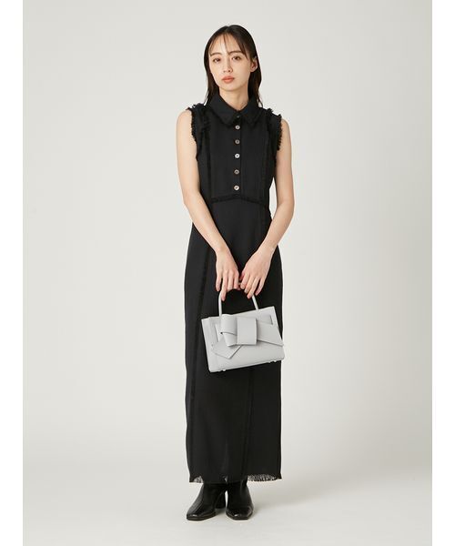 25AW✨ フレイアイディー　フリンジデザインツイードポロワンピース　ブラック セール】【00サイズ】フリンジデザインツイードポロワンピース