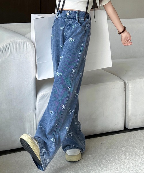 aimoha（アイモハ）の「【aimoha-KIDS-】リボンワイドデニムパンツ（デニムパンツ・キッズ・ブルー・120/130/160/150/170）」の4枚目の写真