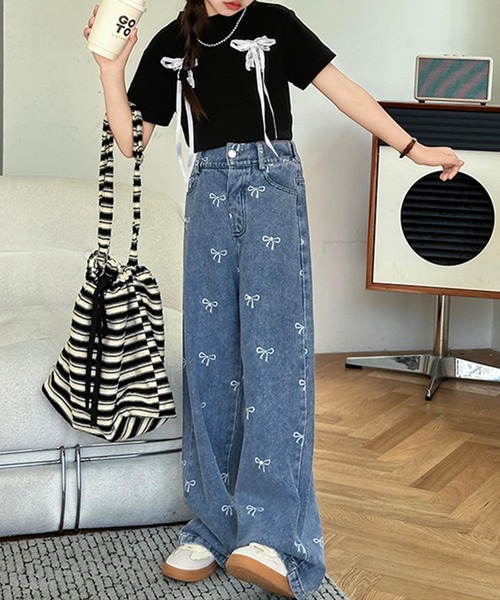 aimoha（アイモハ）の「【aimoha-KIDS-】リボンワイドデニムパンツ（デニムパンツ・キッズ・ブルー・120/130/160/150/170）」の7枚目の写真