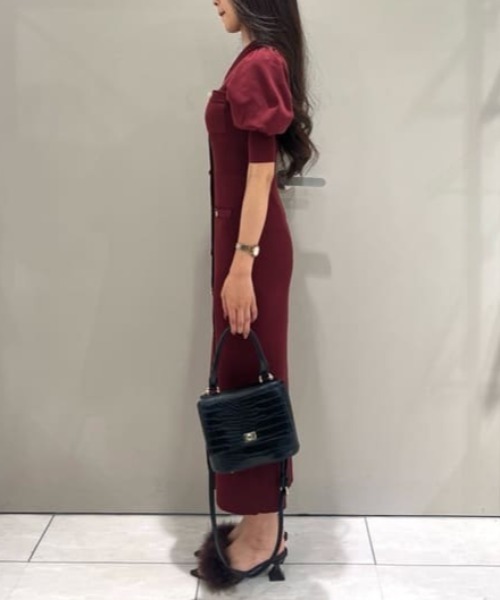 セール】パフスリーブニットタイトワンピース 秋服 サマーニット