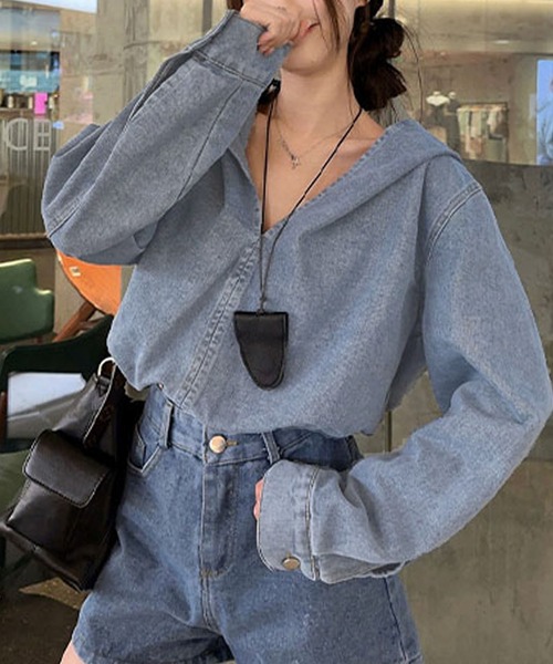 meJane（ミージェーン）の「クロップド丈 デニムプルパーカー（デニムジャケット・レディース・ブルー・S/M/L）」の7枚目の写真