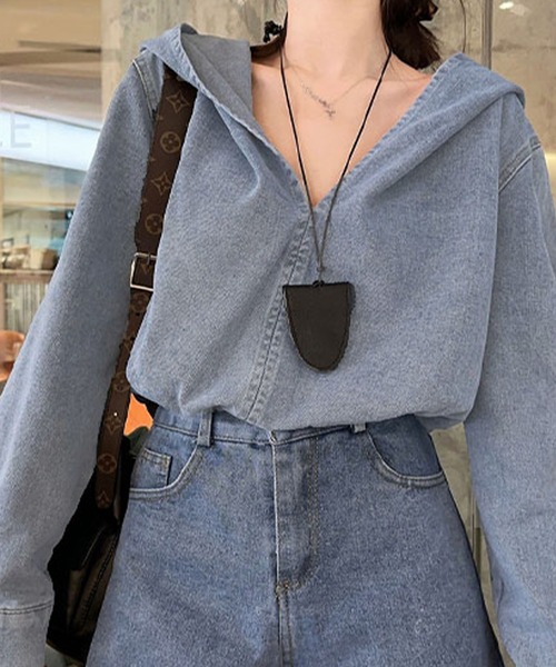 meJane（ミージェーン）の「クロップド丈 デニムプルパーカー（デニムジャケット・レディース・ブルー・S/M/L）」の4枚目の写真