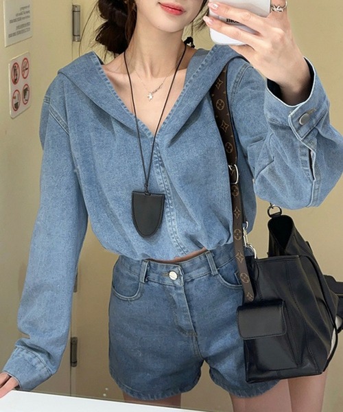 meJane（ミージェーン）の「クロップド丈 デニムプルパーカー（デニムジャケット・レディース・ブルー・S/M/L）」の5枚目の写真