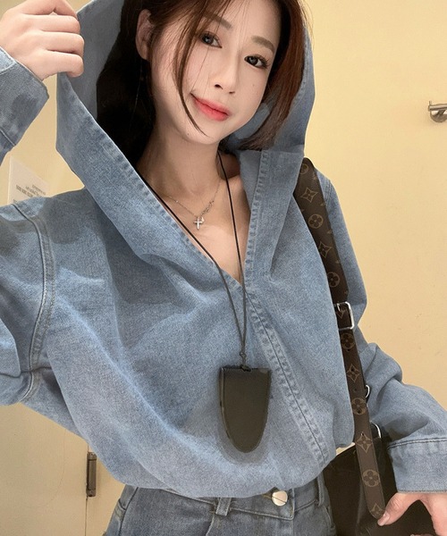 meJane（ミージェーン）の「クロップド丈 デニムプルパーカー（デニムジャケット・レディース・ブルー・S/M/L）」の3枚目の写真