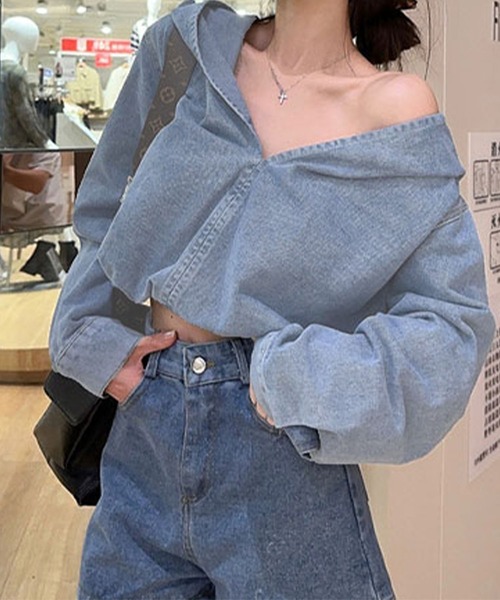 meJane（ミージェーン）の「クロップド丈 デニムプルパーカー（デニムジャケット・レディース・ブルー・S/M/L）」の15枚目の写真