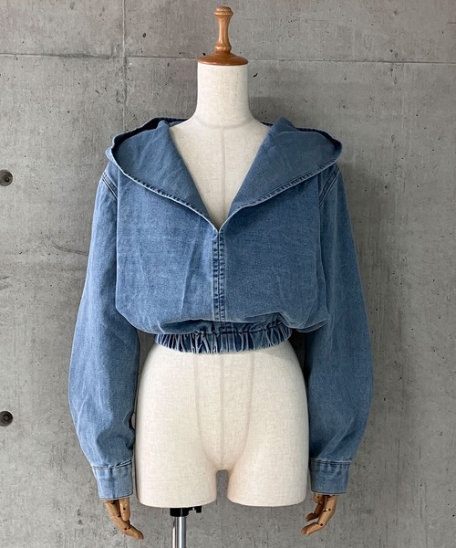 meJane（ミージェーン）の「クロップド丈 デニムプルパーカー（デニムジャケット・レディース・ブルー・S/M/L）」の14枚目の写真