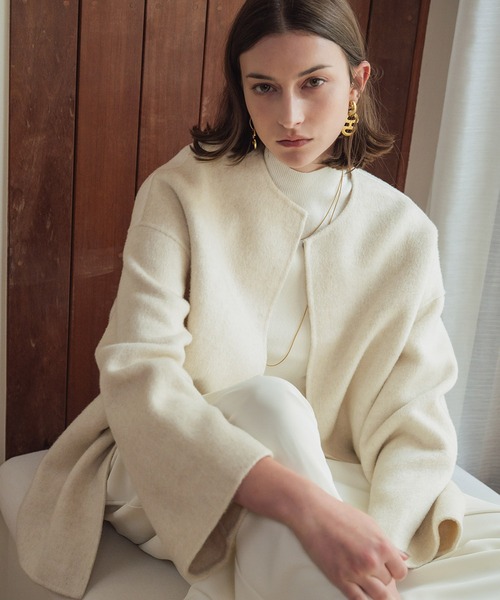 セール】【2025AW】【ウール100％】ノーカラー ミドル丈 コート ウール