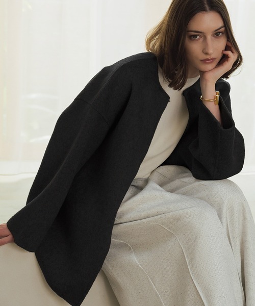 セール】【2025AW】【ウール100％】ノーカラー ミドル丈 コート ウール