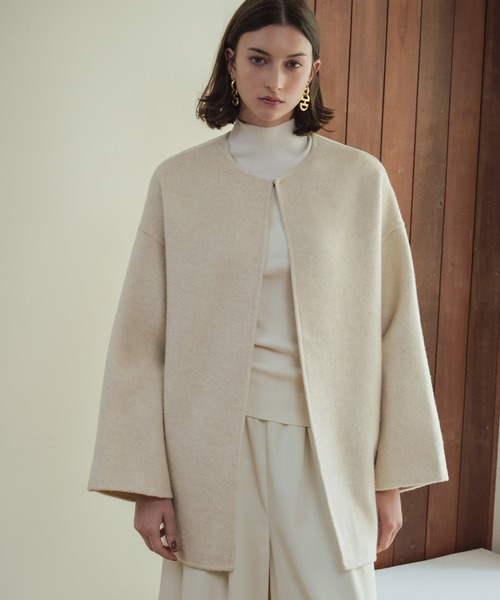 セール】【2025AW】【ウール100％】ノーカラー ミドル丈 コート ウール