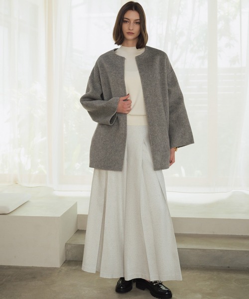 セール】【2025AW】【ウール100％】ノーカラー ミドル丈 コート ウール
