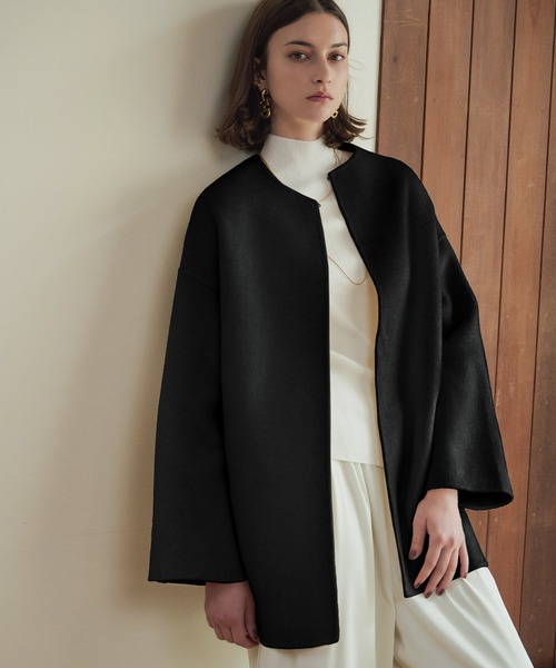 セール】【2025AW】【ウール100％】ノーカラー ミドル丈 コート ウール
