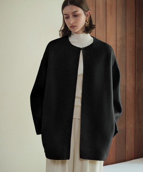 セール】【2025AW】【ウール100％】ノーカラー ミドル丈 コート ウール
