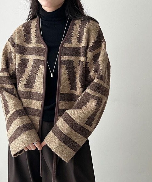 セール】幾何学柄デザインのオーバーサイズニットカーディガン
