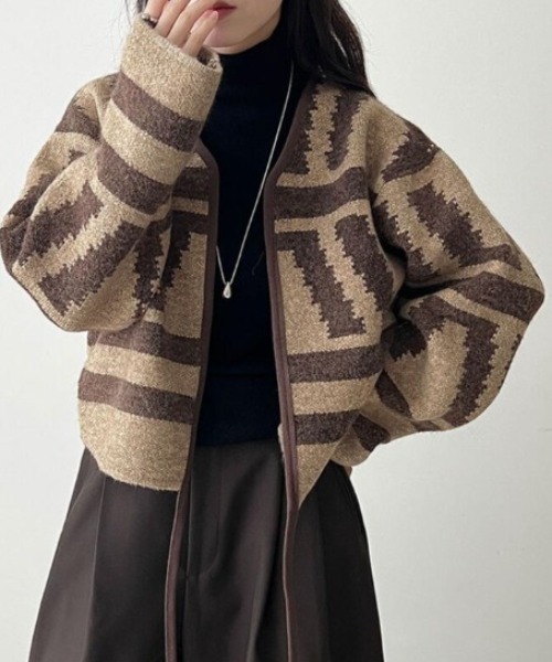 セール】幾何学柄デザインのオーバーサイズニットカーディガン