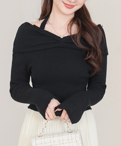 Anely(アネリー)の「ホルターネック ギャザー オフショル リブ ニット トップス(ニット/セーター・レディース・グレイッシュベージュ/アイボリー/ブラック/グレー・FREE)」の7枚目の写真