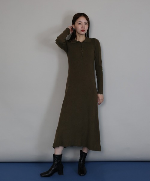 J by blue（ジェイバイブルー）の「ポロリブニットワンピース（ワンピース・レディース・ブラック/チャコールグレー/ベージュ/ブラウン・MEDIUM）」の6枚目の写真