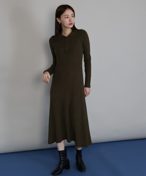 J by blue（ジェイバイブルー）の「ポロリブニットワンピース（ワンピース・レディース・ブラック/チャコールグレー/ベージュ/ブラウン・MEDIUM）」の5枚目の写真