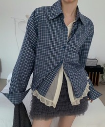 春服 フェイクレイヤードチェック柄長袖シャツ/シフォンフレア切り替えシャツ