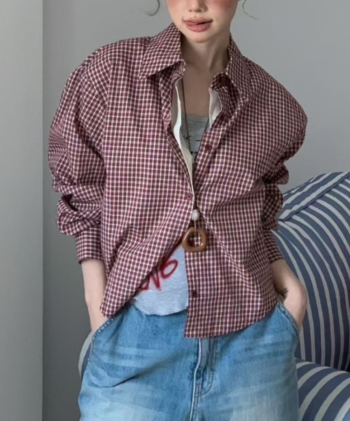 Lis ardent(リスアルダン)の「春服 フェイクレイヤードチェック柄長袖シャツ/シフォンフレア切り替えシャツ(シャツ/ブラウス・レディース・ネイビー/レッド・M)」の10枚目の写真