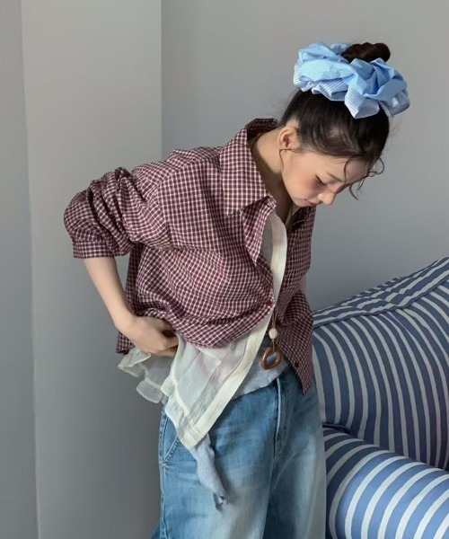Lis ardent(リスアルダン)の「春服 フェイクレイヤードチェック柄長袖シャツ/シフォンフレア切り替えシャツ(シャツ/ブラウス・レディース・ネイビー/レッド・M)」の6枚目の写真