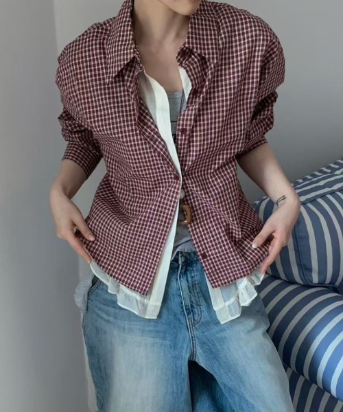Lis ardent(リスアルダン)の「春服 フェイクレイヤードチェック柄長袖シャツ/シフォンフレア切り替えシャツ(シャツ/ブラウス・レディース・ネイビー/レッド・M)」の9枚目の写真