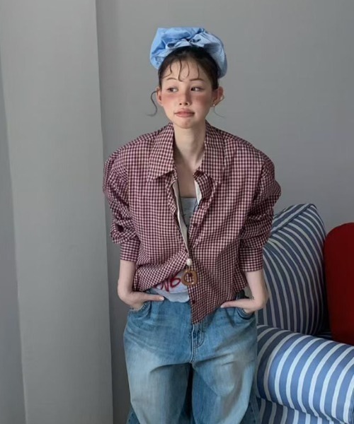 Lis ardent(リスアルダン)の「春服 フェイクレイヤードチェック柄長袖シャツ/シフォンフレア切り替えシャツ(シャツ/ブラウス・レディース・ネイビー/レッド・M)」の7枚目の写真