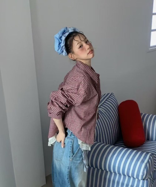 Lis ardent(リスアルダン)の「春服 フェイクレイヤードチェック柄長袖シャツ/シフォンフレア切り替えシャツ(シャツ/ブラウス・レディース・ネイビー/レッド・M)」の8枚目の写真