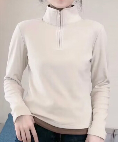 SallyLunn（サリーラン）の「スタンドカラーハーフジップトップス（Tシャツ/カットソー・レディース・グレー/スミクロ/ホワイト・LARGE/MEDIUM）」の2枚目の写真