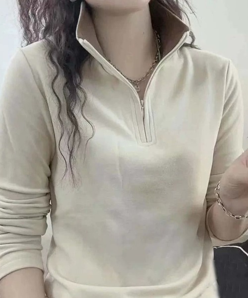 SallyLunn（サリーラン）の「スタンドカラーハーフジップトップス（Tシャツ/カットソー・レディース・グレー/スミクロ/ホワイト・LARGE/MEDIUM）」の5枚目の写真