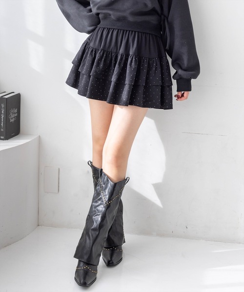 clear（クリア）の「ラインストーン2段ティアードスウェットミニスカート(セット可)[着回し力抜群 ガーリー キラキラ]（スカート・レディース・グレー/ブラック・F）」の7枚目の写真