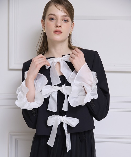 EIMY ISTOIRE(エイミーイストワール)の「フロントリボンジャケット(テーラードジャケット・レディース・ブラック/オフホワイト・F)」の2枚目の写真