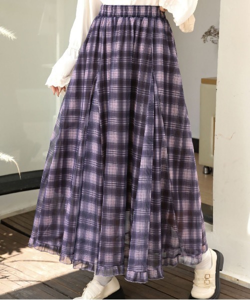 ＆soiree（アンドソワレ）の「裾フリルチェック柄シアーフレアスカート（スカート・レディース・サックスブルー/ブラック/ブラウン/イエロー/パープル・FREE）」の4枚目の写真