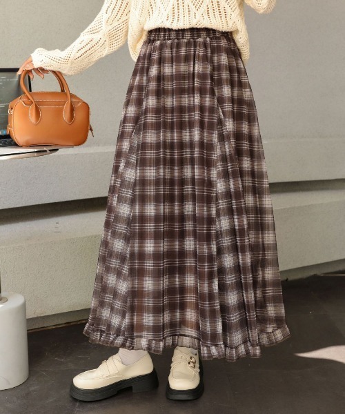 ＆soiree（アンドソワレ）の「裾フリルチェック柄シアーフレアスカート（スカート・レディース・サックスブルー/ブラック/ブラウン/イエロー/パープル・FREE）」の7枚目の写真