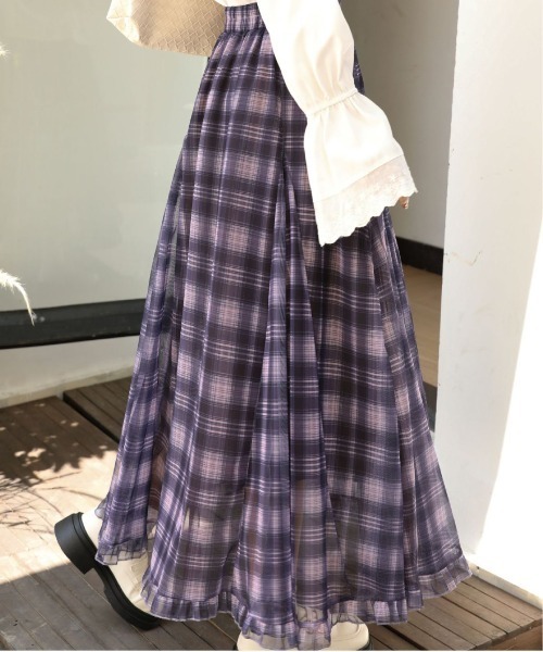 ＆soiree（アンドソワレ）の「裾フリルチェック柄シアーフレアスカート（スカート・レディース・サックスブルー/ブラック/ブラウン/イエロー/パープル・FREE）」の8枚目の写真