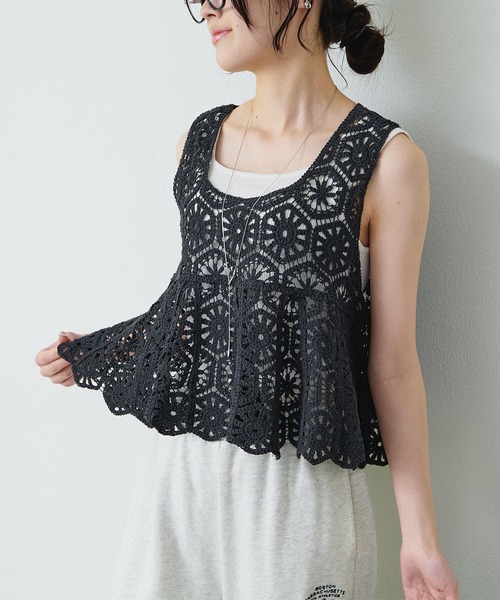 PUAL CE CIN（ピュアルセシン）の「かぎ針編み風ビスチェ（ベスト・レディース・チャコールグレー/オフホワイト・FREE）」の11枚目の写真