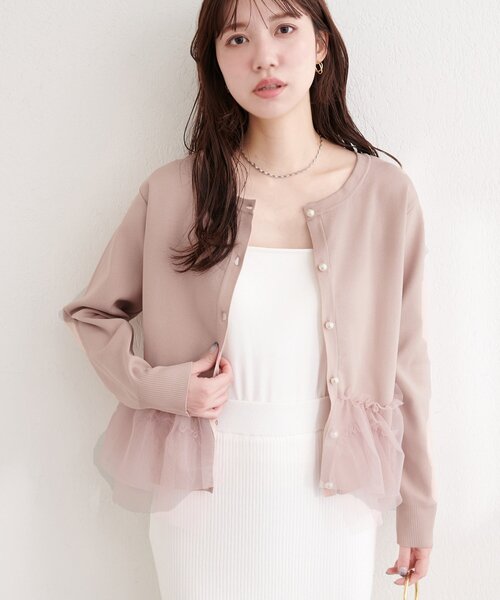 natural couture（ナチュラルクチュール）の「チュールドッキングポリカーディガン（カーディガン/ボレロ・レディース・グレイッシュベージュ/ネイビー/ピンク/オフホワイト・FREE）」の4枚目の写真