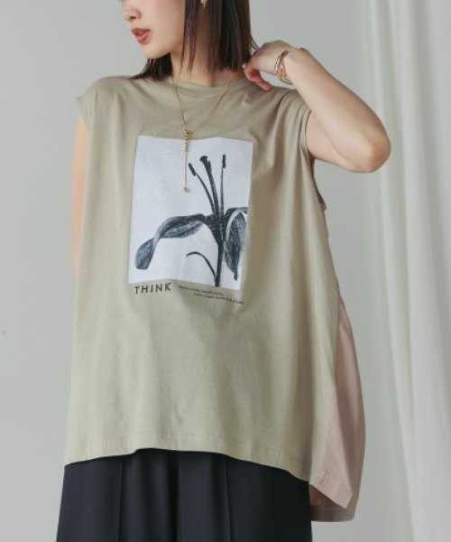 Bou Jeloud(ブージュルード)の「異素材プリントチュニック(Tシャツ/カットソー・レディース・チャコールグレー/カーキ・FREE)」の1枚目の写真