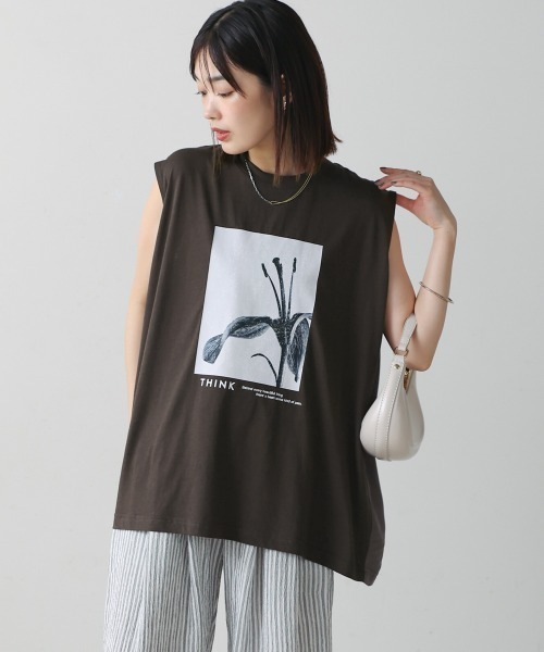 Bou Jeloud(ブージュルード)の「異素材プリントチュニック(Tシャツ/カットソー・レディース・チャコールグレー/カーキ・FREE)」の10枚目の写真