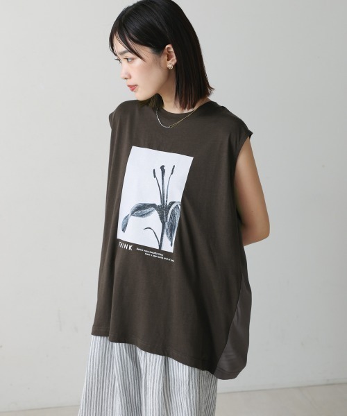 Bou Jeloud(ブージュルード)の「異素材プリントチュニック(Tシャツ/カットソー・レディース・チャコールグレー/カーキ・FREE)」の13枚目の写真