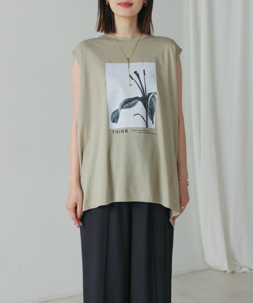 Bou Jeloud(ブージュルード)の「異素材プリントチュニック(Tシャツ/カットソー・レディース・チャコールグレー/カーキ・FREE)」の6枚目の写真