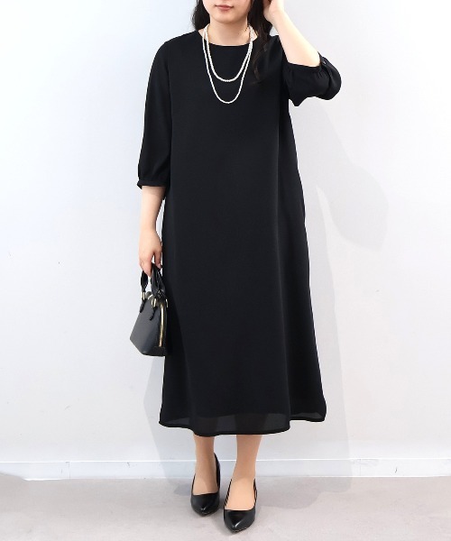 fleur by mint breeze(フルールバイミントブリーズ)の「【L~5L 大きいサイズ】7分袖ジョーゼットワンピース(ワンピース・レディース・ネイビー/ブラック・5L/4L/3L/LL)」の1枚目の写真