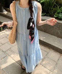 meJane | シアーチェック柄 ノースリーブティアード ロングワンピース(ワンピース)