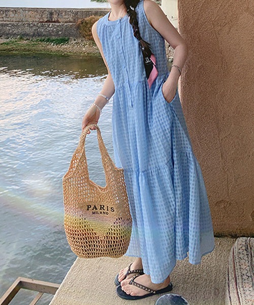 meJane（ミージェーン）の「シアーチェック柄 ノースリーブティアード ロングワンピース（ワンピース・レディース・ブルー/イエロー・FREE）」の13枚目の写真