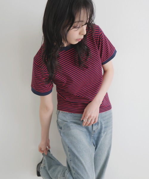 LIAN(リアン)の「ボーダーリンガーTシャツ(Tシャツ/カットソー・レディース・オフホワイト/レッド/ネイビー系1/ブラウン・FREE)」の12枚目の写真
