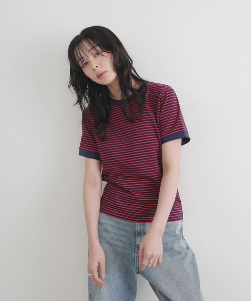 LIAN(リアン)の「ボーダーリンガーTシャツ(Tシャツ/カットソー・レディース・オフホワイト/レッド/ネイビー系1/ブラウン・FREE)」の14枚目の写真