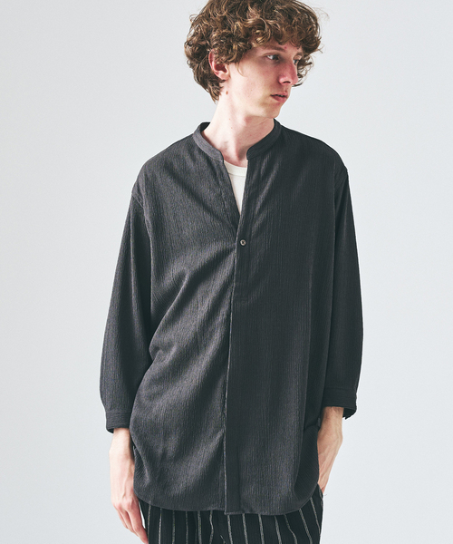 Subware 半袖スキッパーシャツ XL ブラック/グレー サブウエア クレープ クロップドスリーブ スキッパーシャツ（シャツ/ブラウス