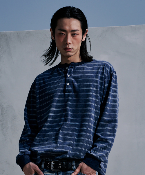 CORNERBLESS(コーナーブレス)の「WASHED STRIPE BLUE HENLEY NECK LONG SLEEVE(Tシャツ/カットソー・レディース・その他・MEDIUM/LARGE/X-LARGE)」の1枚目の写真