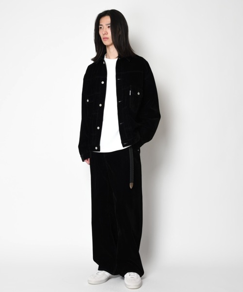 SUPERTHANKS(スーパーサンクス)の「<フロッキー加工>バレルレッグデニムパンツBlack flocky denim barrel leg trousers(デニムパンツ・メンズ・ネイビー/ワンウォッシュ・L/M/S)」の20枚目の写真