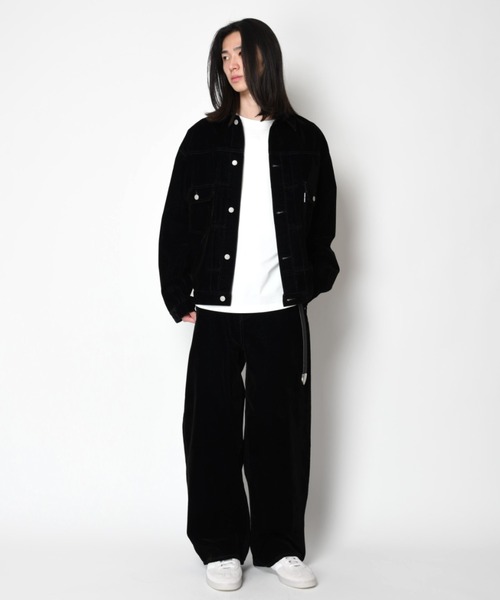 SUPERTHANKS(スーパーサンクス)の「<フロッキー加工>バレルレッグデニムパンツBlack flocky denim barrel leg trousers(デニムパンツ・メンズ・ネイビー/ワンウォッシュ・L/M/S)」の17枚目の写真